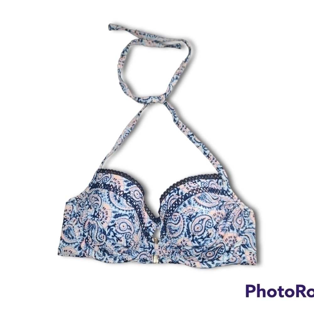 Vs White Blue Pink Paisley Tie-Neck Pushup Bikini Swim Top